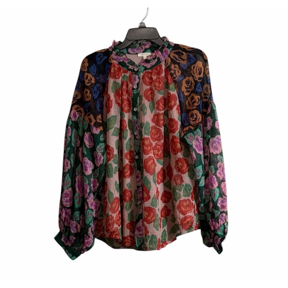 Jodifl Sz Large Blouse Floral Mix Patchwork Print Button Down Boho Artsy